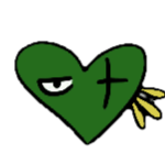 Marimo heart: green heart with a grumpy face, the heart's left eye is closed by a scar and there's three earrings